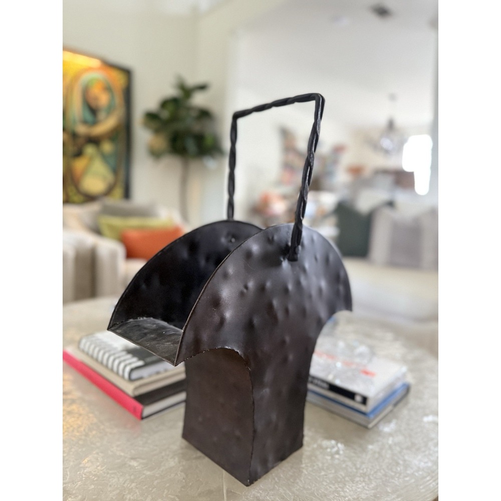 Vintage Hand Forged Iron Firewood Kindling Basket Twisted Handle Brutalist 23"